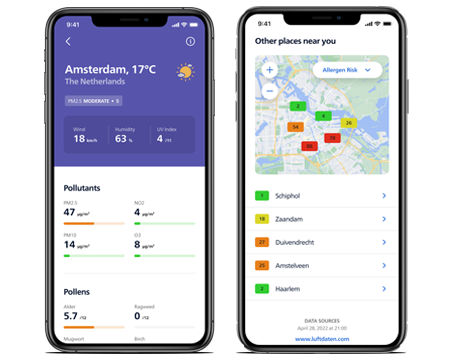 หน้าจอโทรศัพท์แสดงข้อมูลภายนอกในแอป Air+