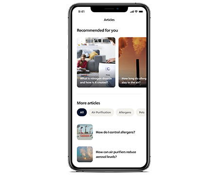 หน้าจอแอป Philips Air+ พร้อมบทความแนะนำ